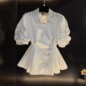 New French Polo Collar Striped Short Sleeve Shirt